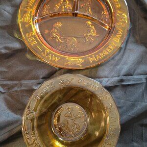 Vintage TIARA/INDIANA GLASS Set of Amber-Colored Nursery Rhymes Dishes